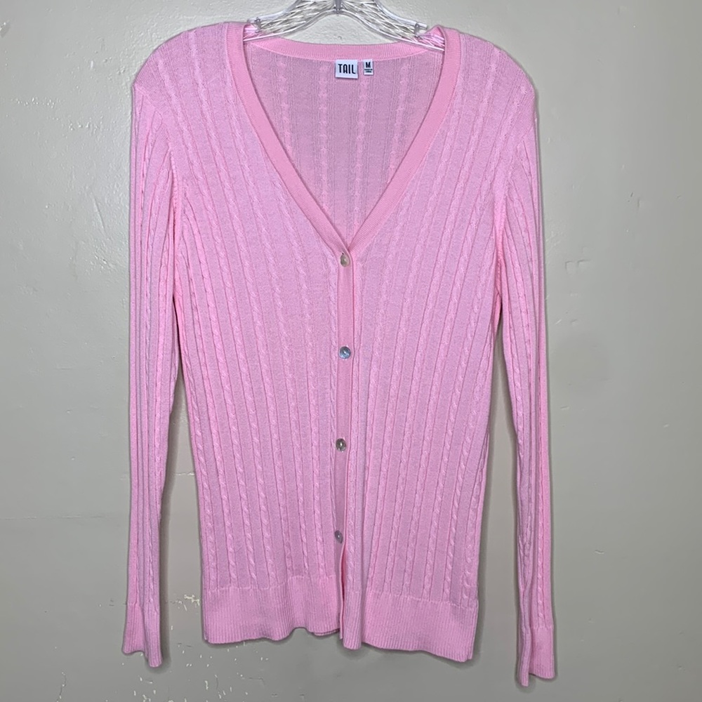 TAIL Cardigan Sweater Pink Barbiecore Cable Knit  Preppy Old Money Medium